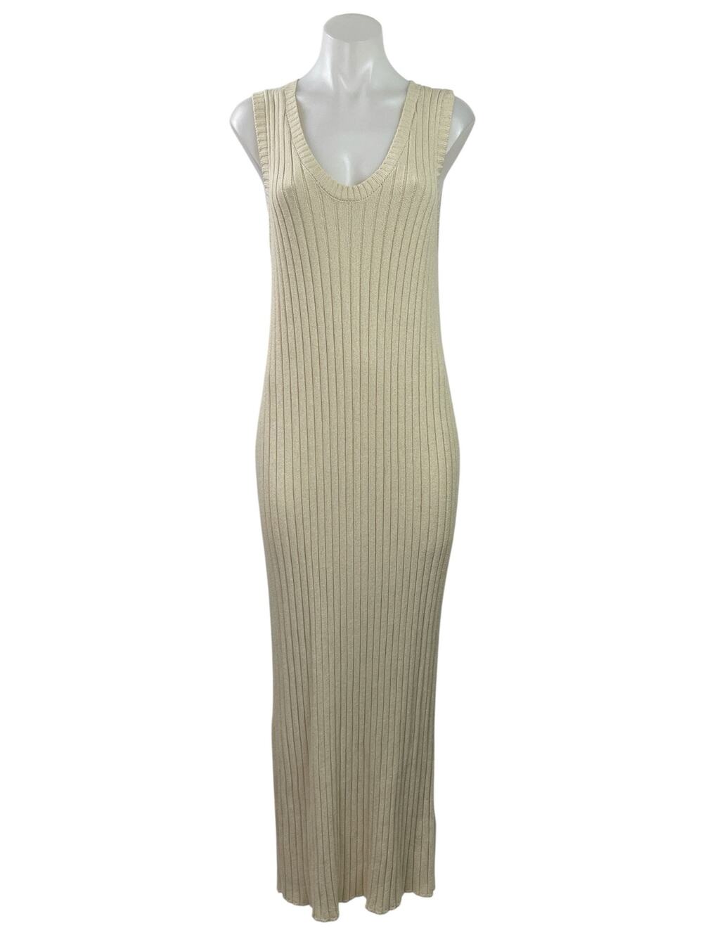 NA-KD Women's Cream Sleeveless Ribbed Knit Fitted Scoop Neck Maxi Bodycon Size M
